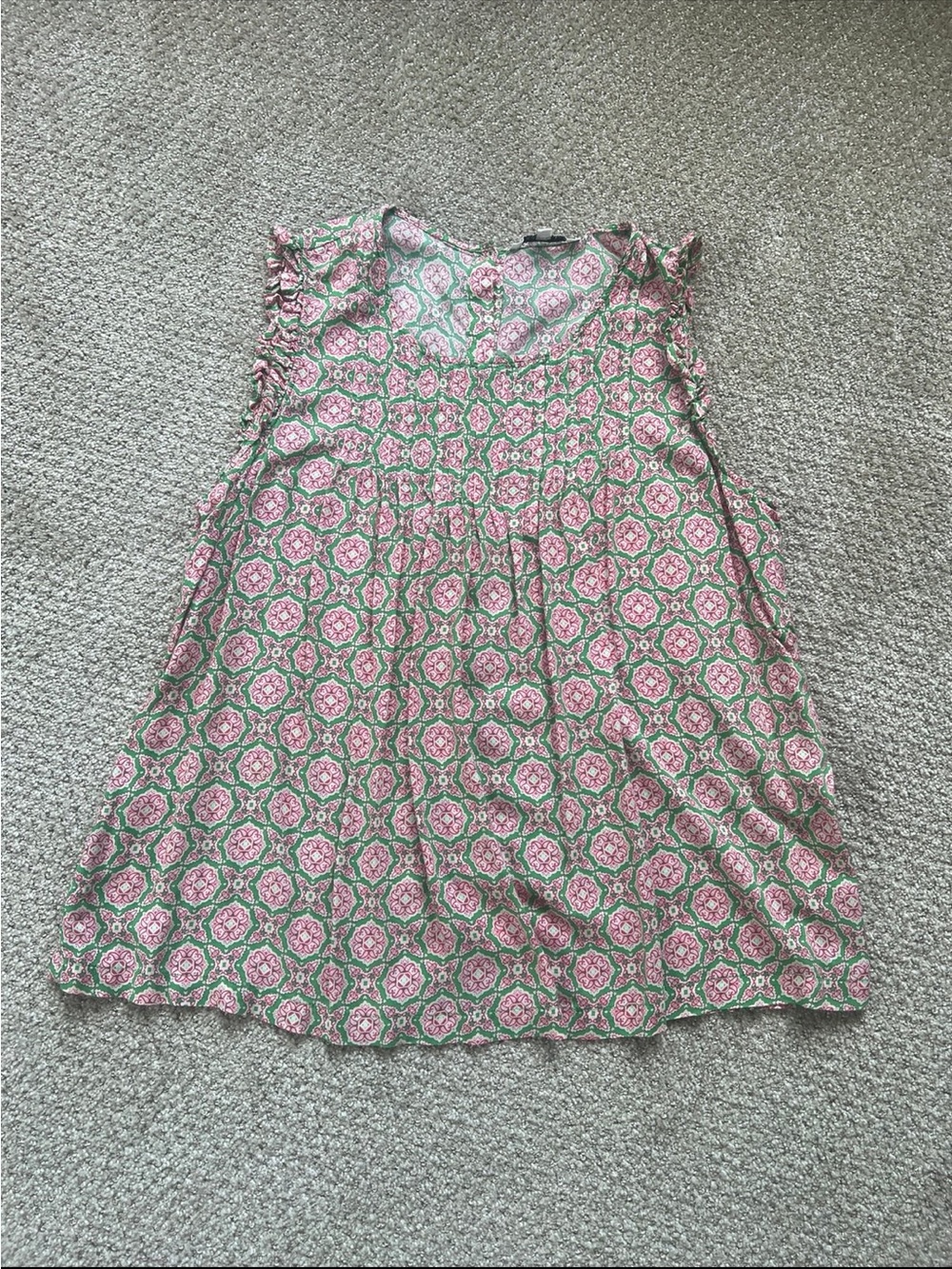 Rose + Olive Sleeveless Pink & Green Patterned Tunic
